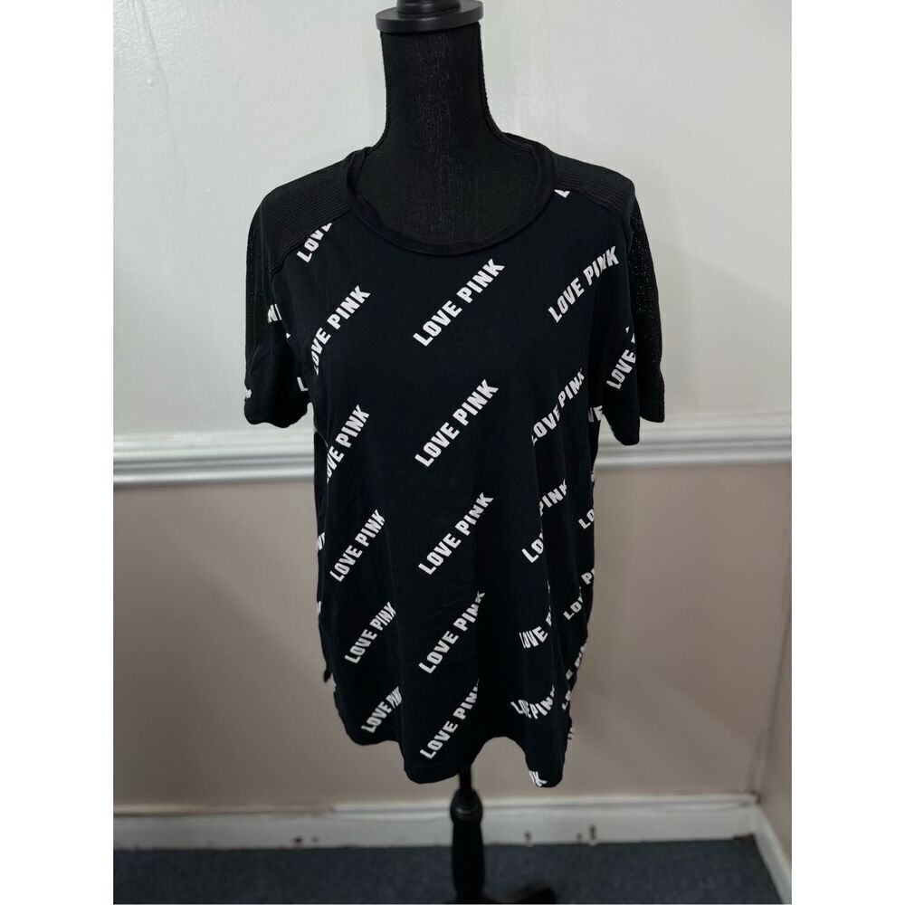 PINK Victoria’s Secret Black Logo Tee With Mesh Sleeves Size Medium